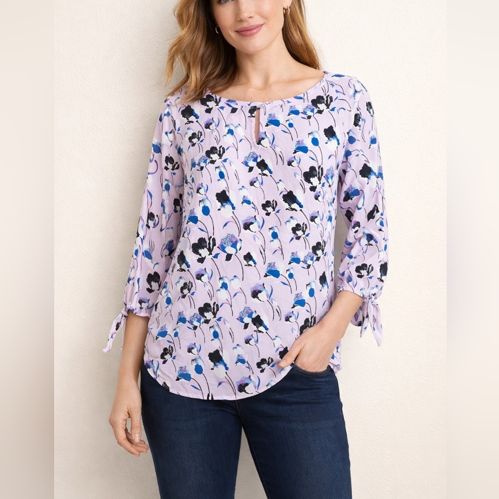Talbots Floral Blouse S Pink Blue Black Tie Sleeve Lightweight Work Top